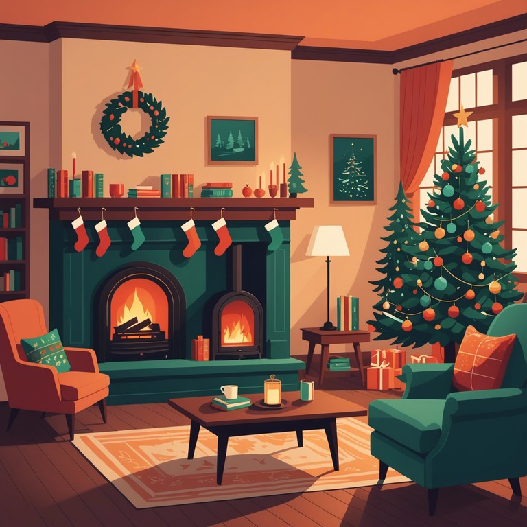 Cascading piano keys paint a vibrant soundscape of holiday cheer and warmth, perfectly capturing the spirit of festive gatherings and intimate, joyful moments shared by loved ones around the crackling fireplace.