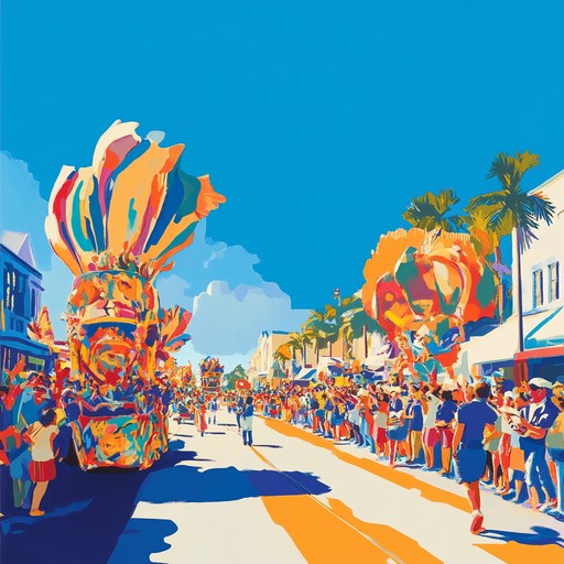 A cheerful, upbeat instrumental perfect for a lively parade scene with a hint of theatrical flair. Bright brass and jaunty rhythms evoke images of joyous crowds and colorful floats. Captures the carefree essence of a sunny summer day.