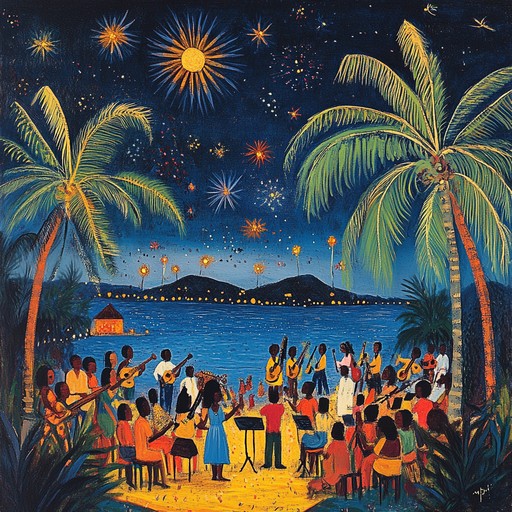 An uplifting instrumental featuring vibrant rhythms and island melodies, capturing the spirit of a festive beach gathering as the sun sets over the ocean.