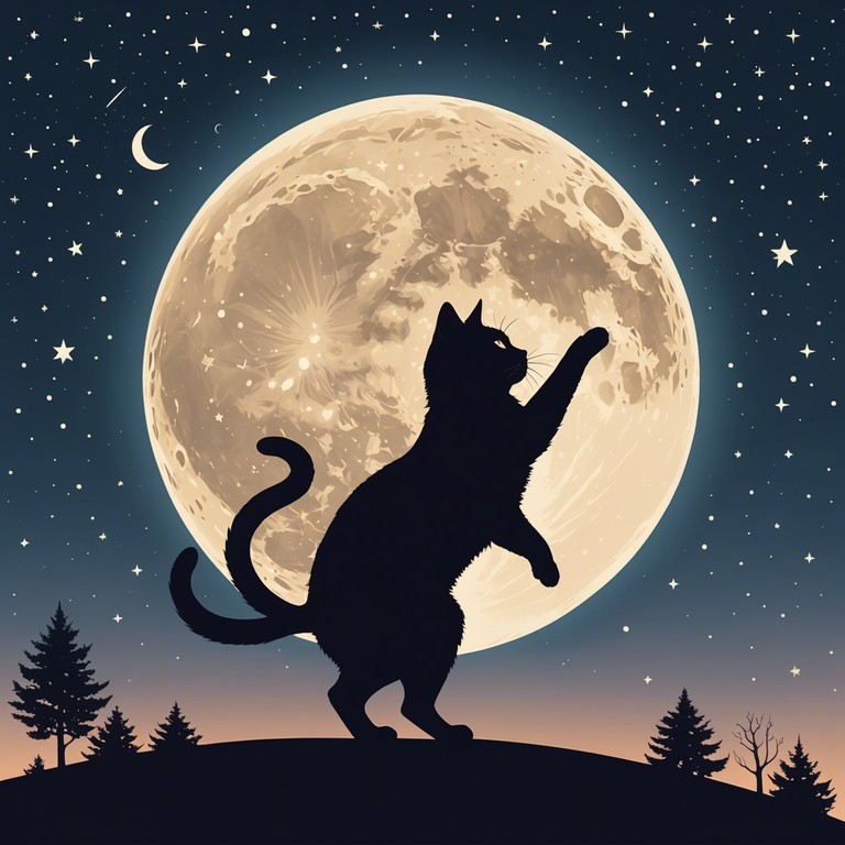 A whimsical and sophisticated orchestral piece featuring a playful plucking of strings that hints at the elegant yet mischievous escapades of a cat at midnight. The composition fuses light hearted melodies with a touch of sophistication and quirk, representing an imaginary dance under the moonlight performed by a playful feline.