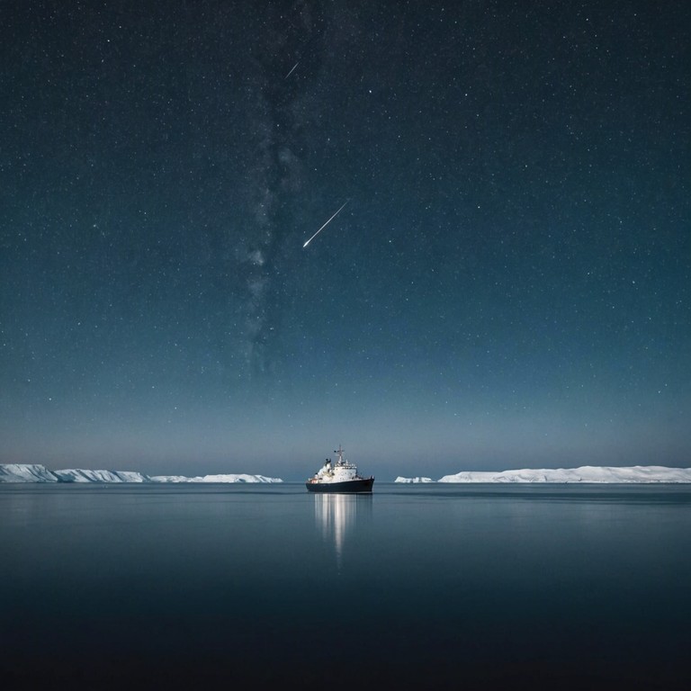 Providing a broader sonic exploration than its main title, 'echoes of the arctic fleet' delves deeper into the life at sea experienced by russian sailors. It emphasizes the blend of isolation and camaraderie, set against the backdrop of the vast arctic. The piece shifts between somber reflection and the triumphant spirit of overcoming challenges at sea.