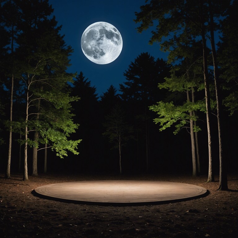 Imagine a lively 1940s swing orchestra playing under the soft glow of a full moon, delivering a mix of rhythmic and cheerful melodies that capture the spirit of a carefree dance held in a picturesque clearing. The piece combines a sense of nostalgia with a dash of contemporary spirit, making it irresistibly energetic and fun.