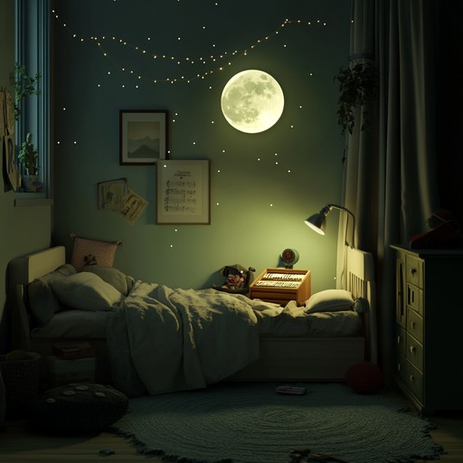 A serene instrumental track with soft tones that mimic the soothing ambiance of moonlit nights, designed to calm young minds and prepare them for a peaceful night's sleep.