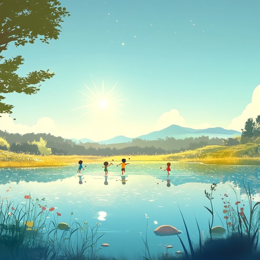 An energetic instrumental piece featuring bright melodies and bouncy rhythms, evoking the feeling of skipping stones across a tranquil lake on a sunny day. The music captures the essence of youthful joy and playful adventure.