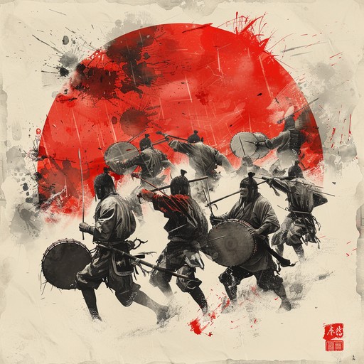 A ferocious display of ancient rhythms played on traditional drums combined with melodies that narrate the tales of warriors in battle, fostering an assertive and dominating atmosphere.