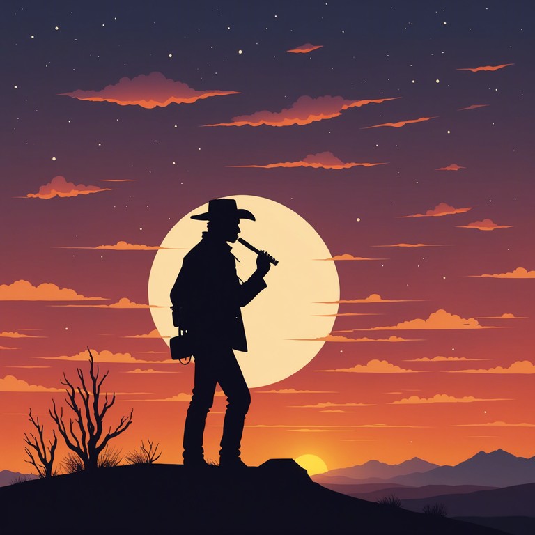 Imagine an atmospheric piece that intertwines the loneliness of the wild west with a sense of imminent threat as evening falls, portrayed through the melodic whispers of a harmonica fighting against the backdrop of a descending dusk.