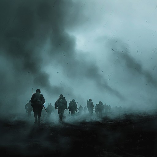 Starting with an ominous drumbeat, the track quickly layers in dark brass and haunting strings. The music evokes the heavy march of troops advancing towards a yet unseen, threatening opponent. The rising tension and dissonance create an atmosphere thick with foreboding and unresolved suspense.