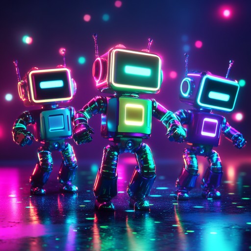 A high energy song blending lively synthetic sounds with quirky robotic rhythms, creating an unmistakably fun atmosphere for a dance off.