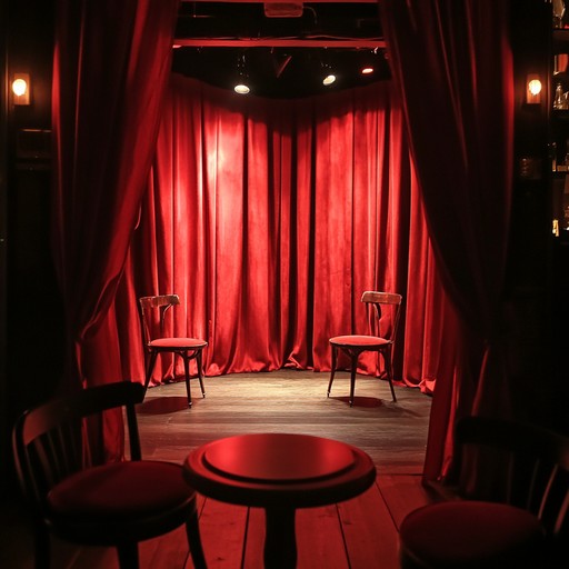 Immerse in a darkly tinged cabaret, filled with suspenseful melodies and thrilling orchestrations. The haunting echoes of a grand piano lead the ensemble, weaving tales of enigmatic allure and gripping drama. The atmosphere captures the essence of old time cabaret with an edge of modern theatrical excitement.