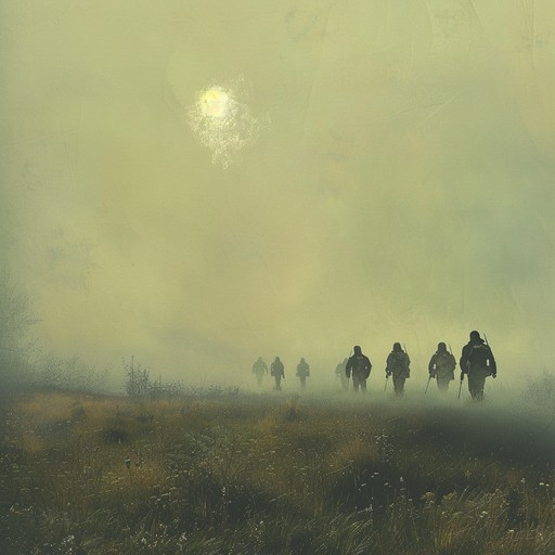 Visualize soldiers in an otherworldly march, blending military precision with dreamlike ethereal sounds. Soft, soothing string arrangements with delicate snare drum rhythms create a serene and nostalgic atmosphere