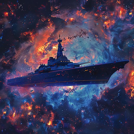 A mesmerizing blend of futuristic synths and traditional russian naval melodies, evoking the feeling of a grand voyage through a starlit galaxy. The music captures the essence of seafaring adventure, with electronic sounds juxtaposed against traditional naval rhythms, creating a surreal and otherworldly auditory experience.