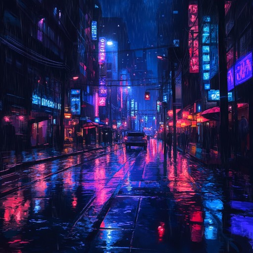 A haunting melody of melancholic synths unfolds in the depths of a neon lit cityscape, evoking feelings of solitude and introspection as the city sleeps. The blend of retro and modern synth tones paints a picture of reflective midnight wanderings through rain soaked streets, where every corner hides a whisper of lost dreams and forgotten moments.