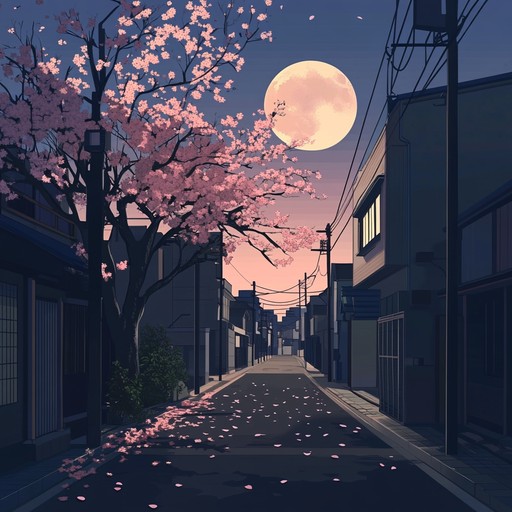 An instrumental piece blending soft synths and acoustic guitar to capture the tranquility of strolling under cherry blossom trees in tokyo at night, with gentle melodies that soothe the soul and evoke a sense of peaceful introspection.