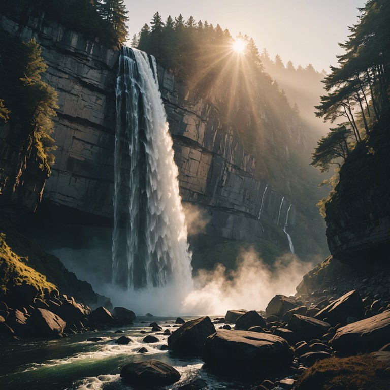 This track features layers of soothing synths that mimic the tranquil yet powerful flow of waterfalls, offering a serene auditory experience that evolves into a more rhythmic, electropop journey. The piece begins with gentle, flowing melodies that gradually incorporate punchier beats and glittering effects, representing the sunlight hitting the water's surface and creating a mesmerizing spectacle of light and sound.