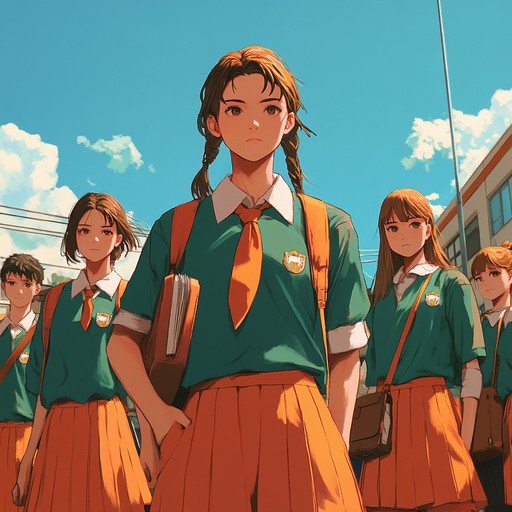 An electrifying j pop instrumental embodying the fierce, youthful rebellion seen in anime high school settings. The track bursts with vivacious synths and driving beats, capturing the essence of adolescent defiance and determination.