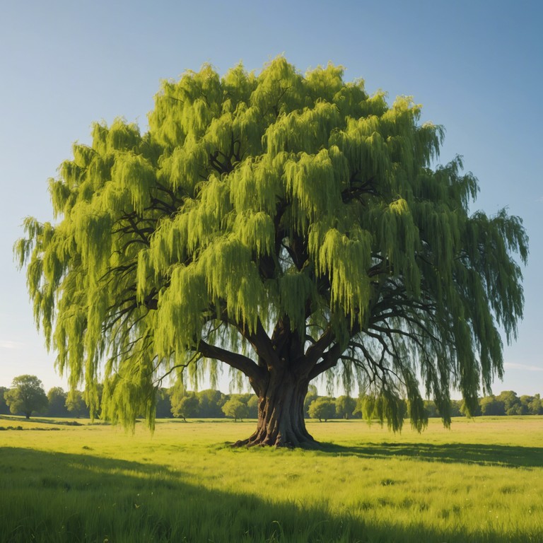 This composition whirls like a leaf caught in a soft, spring breeze, with each note reminiscent of whispered secrets shared beneath the ancient willow's sprawling branches. The music is subtle yet captivating, enfolding the listener in a blanket of soothing, lilting sounds.