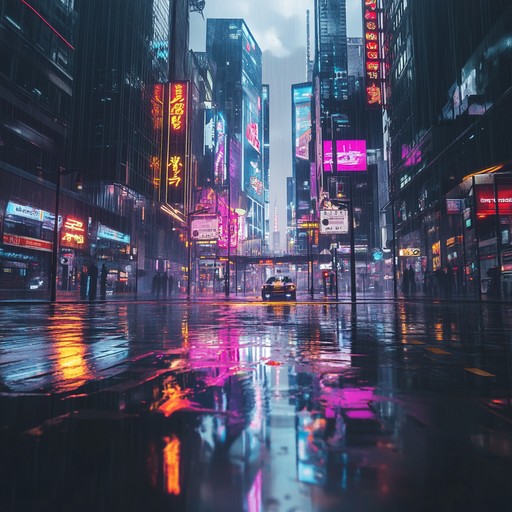 A complex and emotional cyberpunk track featuring intricate synth layers that create a melancholic yet hopeful ambiance, reminiscent of a futuristic urban landscape of towering skyscrapers and neon glow.