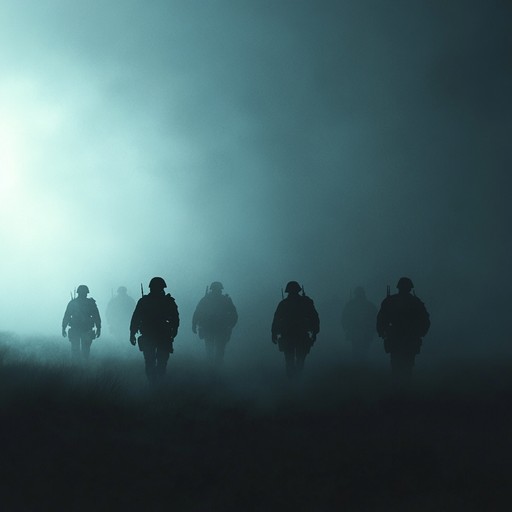 A chilling instrumental featuring military percussion and eerie atmospherics, depicting the march of ghost soldiers across a desolate landscape, evoking feelings of unease and mystery.