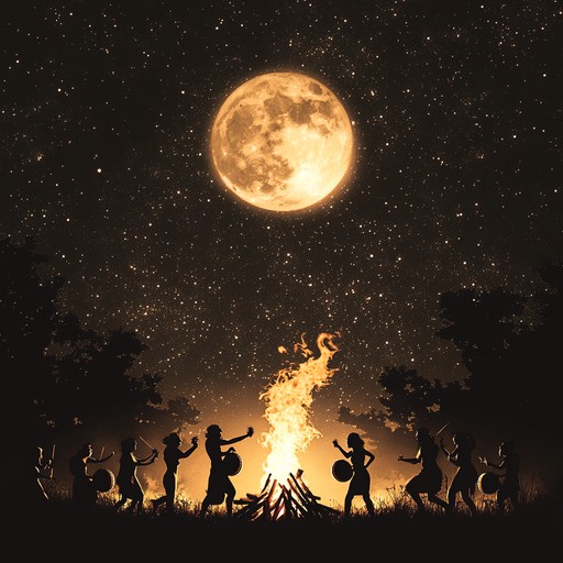 A captivating rhythm of tribal drums leads a dance under the moonlight, invoking ancestral spirits and embodying liberation and unity among the tribe.