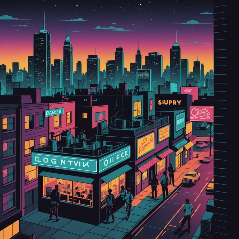 Imagine a punk rock band playing on a high rise rooftop at dusk, their energetic rhythms echoing between skyscrapers, all while ethereal synths paint the sky in neon colors. This alternate description solidifies the blend of raw punk energy with the serene touch of ambient elements in an urban setting.