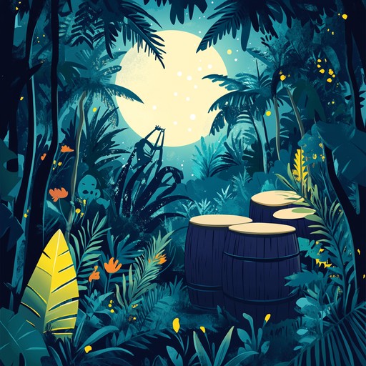 Dive into a steamy, mysterious jungle at night where sultry rhythms intertwine with exotic wildlife sounds. Tribal beats pulse through the air, merging with the ambient noises and creating a captivating atmosphere. Ideal for invoking a sense of intrigue and desire.