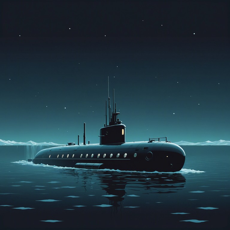 Imagine a cold, dark ocean expanse as a russian navy submarine stealthily navigates through icy waters. The music captures the feeling of solitude and the tense anticipation of the unseen. Low woodwinds and sparse piano notes accentuate the quiet desperation and strategic maneuvers deep under the sea.