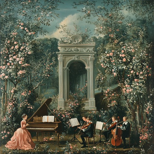 A graceful waltz invoking the splendor of a rococo garden, with a focus on delicate harpsichord and string interplay. The tune is filled with elegant and florid harmonies, perfect for a refined and enchanting ambiance