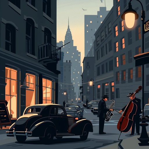 Dynamic urban beats paired with swinging jazz saxophone create a lively and nostalgic cityscape soundscape