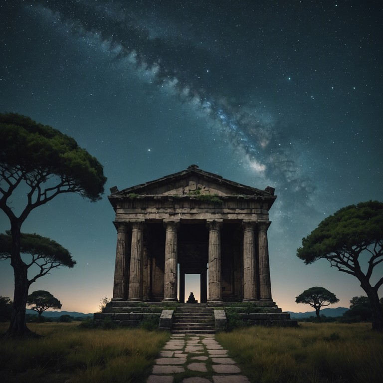 This track subtly blends ethereal synthesizer layers with the distant, haunting sounds of a hang drum, creating a mystical soundscape that seems to whisper ancient secrets and forgotten tales. The melody moves like a gentle breeze through ruins of a once bright civilization, now reclaimed by nature, invoking feelings of nostalgia and enigmatic allure.