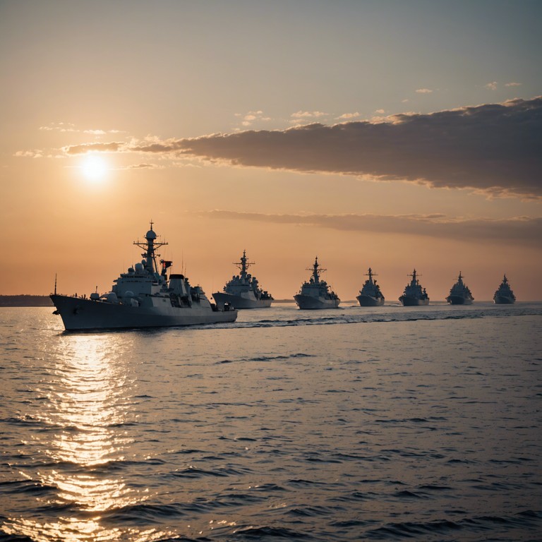 This instrumental composition captures the grandeur and imposing presence of the russian navy as it traverses the tumultuous waters of the black sea. With powerful swells and a robust orchestral arrangement, the piece evokes images of stately ships moving in synchronization against dramatic oceanic backdrops.