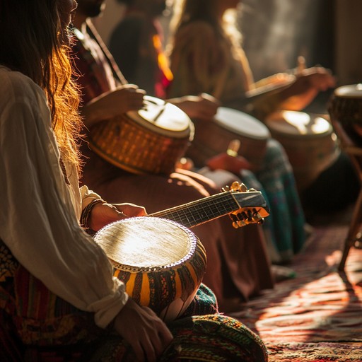 Imagine an instrumental track that seamlessly weaves african, indian, and celtic influences. The gentle interplay of sitar, drums, and flutes creates a melody that feels both ancient and contemporary, evoking a sense of unity and joy.