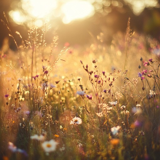 A harmonious orchestral piece with flowing strings and delicate woodwinds, capturing the tranquility and vivid beauty of a serene, flower adorned meadow under the summer sun