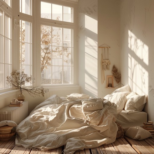 A gentle track with warm guitar strums, soft percussion, and mellow synth pads, capturing the essence of a carefree morning in a sunlit bedroom. This composition creates a relaxed, intimate atmosphere that wraps the listener in a cozy embrace, perfect for unwinding and daydreaming.