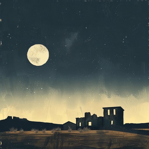 A chilling instrumental americana track featuring an ominous blend of dissonant guitars, deep percussion, and a haunting harmonica, painting a picture of a ghostly desert landscape and shadowy figures lurking in the night.