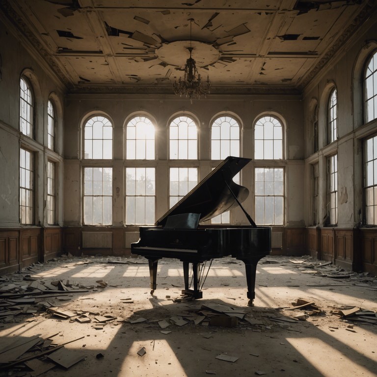 In a grand yet abandoned mansion, the echoes of a solitary piano recount tales of lost grandeur and intimate melancholy, navigating through the dust laden air and against peeling walls. As the notes play, the story of a once vibrant, now forgotten legacy unfolds, evoking deep, introspective sadness intertwined with majestic beauty.