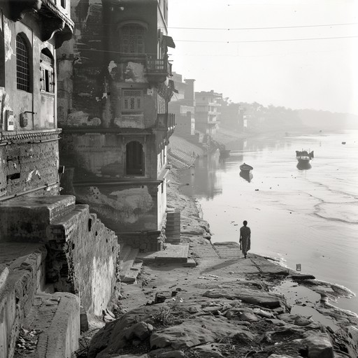 This instrumental track captures the serene yet intricate nature of a morning along the ghats of varanasi, where the spiritual and the everyday converge. The soundscape should blend classical hindustani motifs with ambient, meditative tones, reflecting both the timeless spirituality and the bustling life of this sacred city.