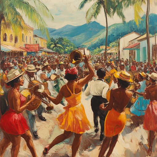 Immerse in the bustling carnival filled with exhilarating samba, bringing a euphoric and lively street celebration to life with dynamic rhythms and brass.