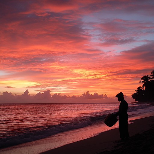 A gentle breeze carries the sounds of the steelpan as the sun dips below the horizon on a caribbean beach. Waves gently lap the shore, and the air is filled with the scent of saltwater and blooming hibiscus. This instrumental tender calypso creates an atmosphere of intimate bliss and calming warmth, perfect for a sunset moment filled with love and nostalgia.