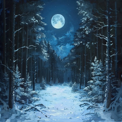 This composition evokes a mysterious winter holiday night under a moonlit sky, filled with an enchanting and magical ambiance. The piece combines ethereal melodies with subtle, ancient sounding arrangements, transporting the listener to a world where mystical traditions and serene snowfall coalesce.