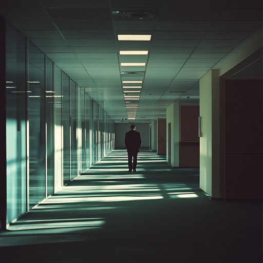 An unsettling instrumental track that combines chilling synthesizers and dissonant piano chords, evoking the eerie atmosphere of deserted corporate buildings after hours. The music progresses with a slow, creeping rhythm, creating a sense of unease and suspense as though something sinister lurks within the walls.