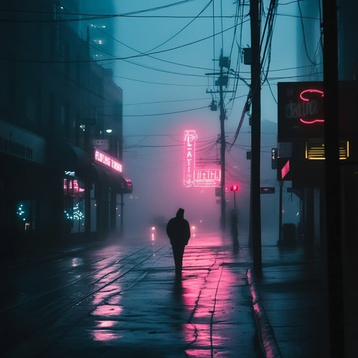 An entrancing journey through city streets bathed in eerie neon lights, filled with dark atmospheric synths and hypnotic arpeggios, creating a mysterious and nostalgic mood. Imagine the pulsating glow of electric signs cutting through midnight fog as you navigate a hidden realm of echoes and whispers