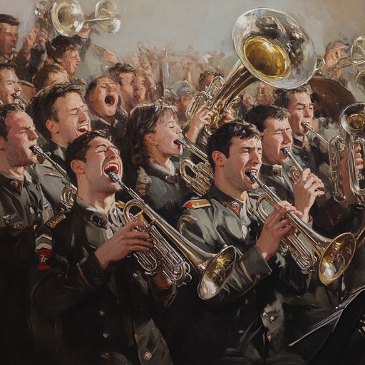 An exuberant military band performance, celebrating a victorious return from the battlefield. Featuring bold brass and vibrant drumlines, the melody captures the pride and joy of a nation, merging military precision with a festive, ecstatic vibe.