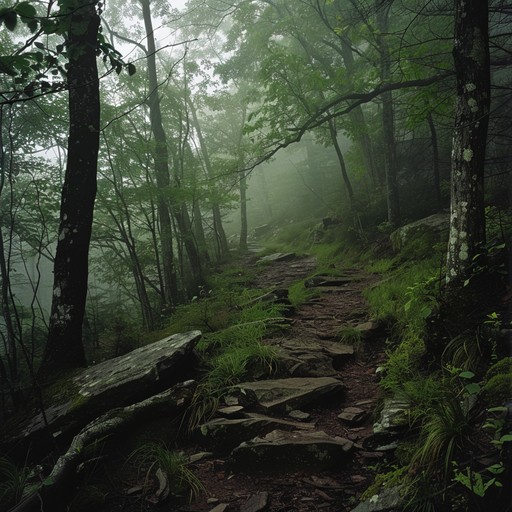 Imagine a soft melody that captures the essence of a peaceful hike through the appalachian mountains. The music is filled with the sounds of acoustic guitars intertwined with the subtle rustling of leaves and distant bird calls, creating a serene and introspective atmosphere.