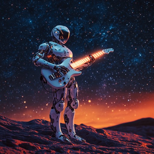 An instrumental track merging heavy metal guitar licks with futuristic electronic rhythms, evoking a journey through interstellar space and encounters with unknown entities.