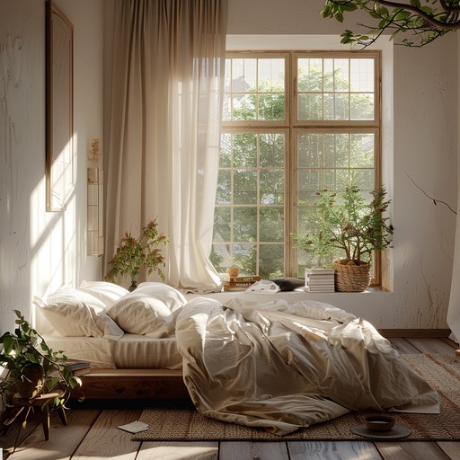 Craft an inviting morning ambiance with soft acoustic guitar and delicate ambient tones, ideal for slow mornings and reflective times. The soothing soundscape simulates the gentle glow of sunlight easing into a room, promoting peace and tranquility