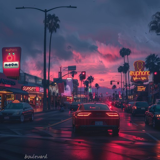 Imagine cruising down sunset boulevard as dusk falls, with neon lights starting to flicker and glam rock music fueling the upbeat energy of the night. The track combines vintage guitar riffs with powerful drum beats, creating a soundscape that's both nostalgic and electric.