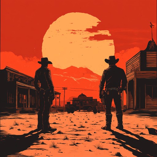 An instrumental piece portraying the tension and high stakes of a gunfight between rival gunslingers at high noon in the old west. The music builds with rhythmic guitar leading to a dramatic climax.