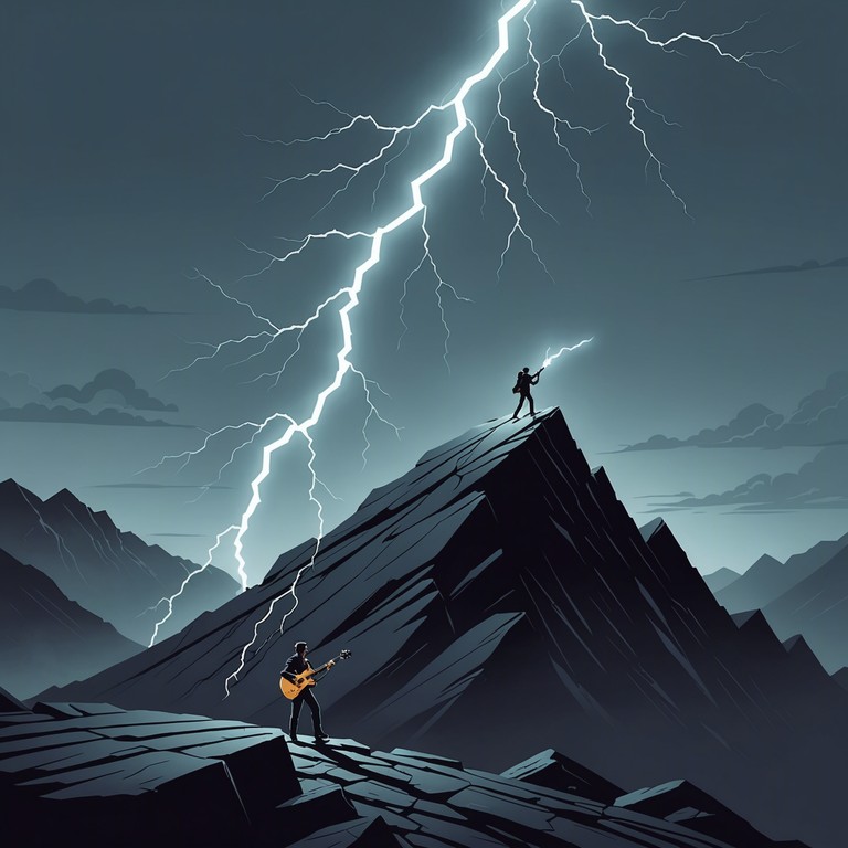 Imagine an unyielding guitarist on a stormy peak, summoning a fierce storm with each strum, as the backdrop echoes each beat and riff with thunderous resonance.