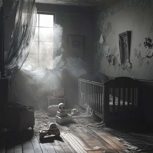 A hair raising melody that evokes a haunted nursery room, where ghostly whispers and unnerving laughter create a spine chilling atmosphere. The melody is played on a music box, surrounded by subtle dissonances and eerie whispers, crafting an ambiance that is both haunting and mesmerizing