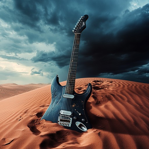 This instrumental features powerful guitar riffs blended with desert inspired melodies, creating an intense and edgy atmosphere, evoking images of a sandstorm engulfing a battlefield.